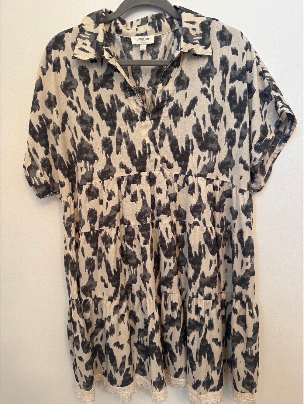 Umgee USA Women's Black and White Patterned Tiered Dress with Fringe Hem, Size L
